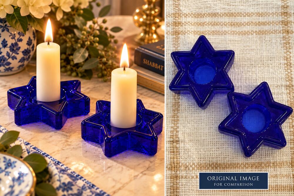 Cobalt Blue Glass Star of David Taper Candle Holders Pair Shabbat Hanukkah